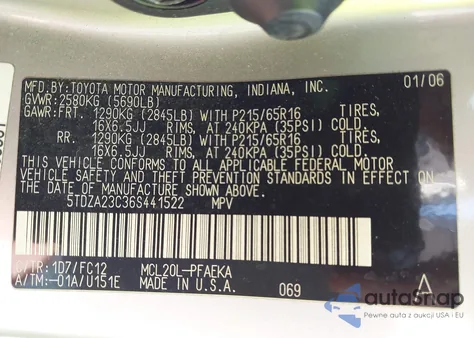 2006 Toyota Sienna Le из США, поврежденный, VIN 5TDZA23C36S441522